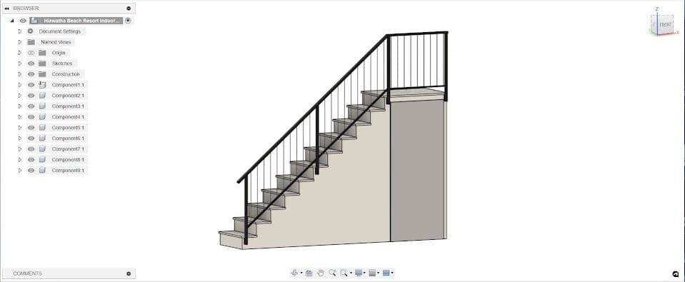 3D model of a modern indoor staircase with a railing and concrete base.