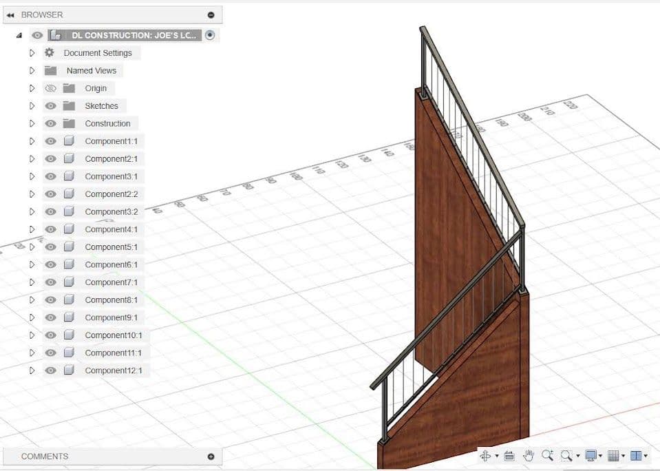 3D model of construction project showcasing staircase design with railing elements.