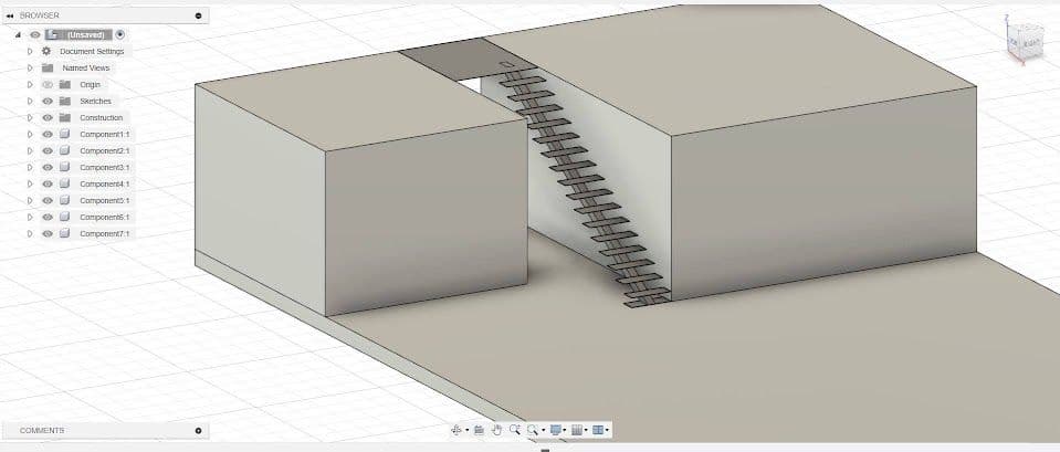 3D model of a shower design featuring two connected structures and a staircase.