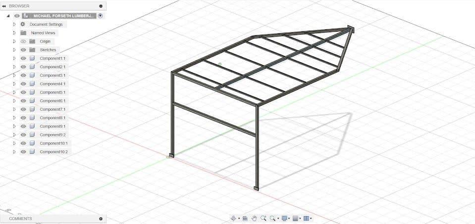3D model of a metal frame structure for a boat or shed in CAD software.