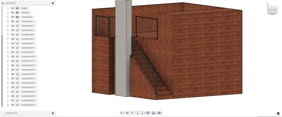 3D model of a wooden interior staircase leading to an upper level with windows.