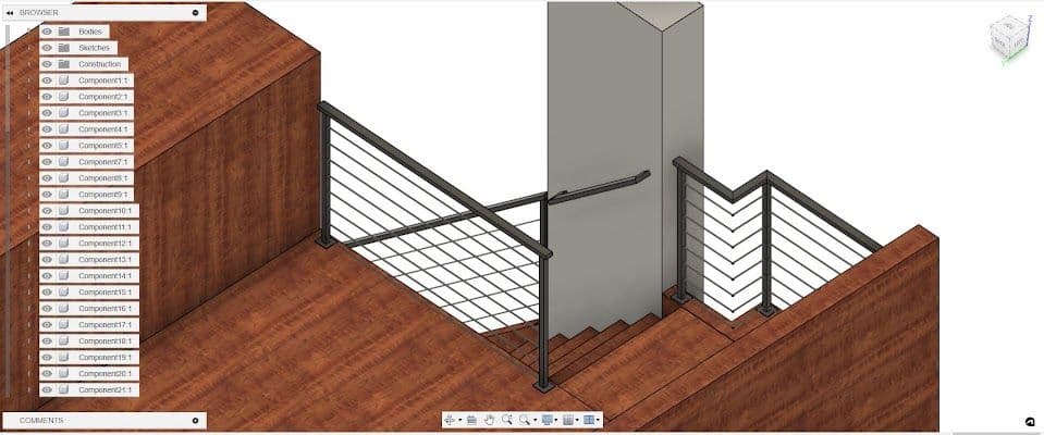 3D render of a wooden staircase with modern metal railing and wall-mounted handrail.