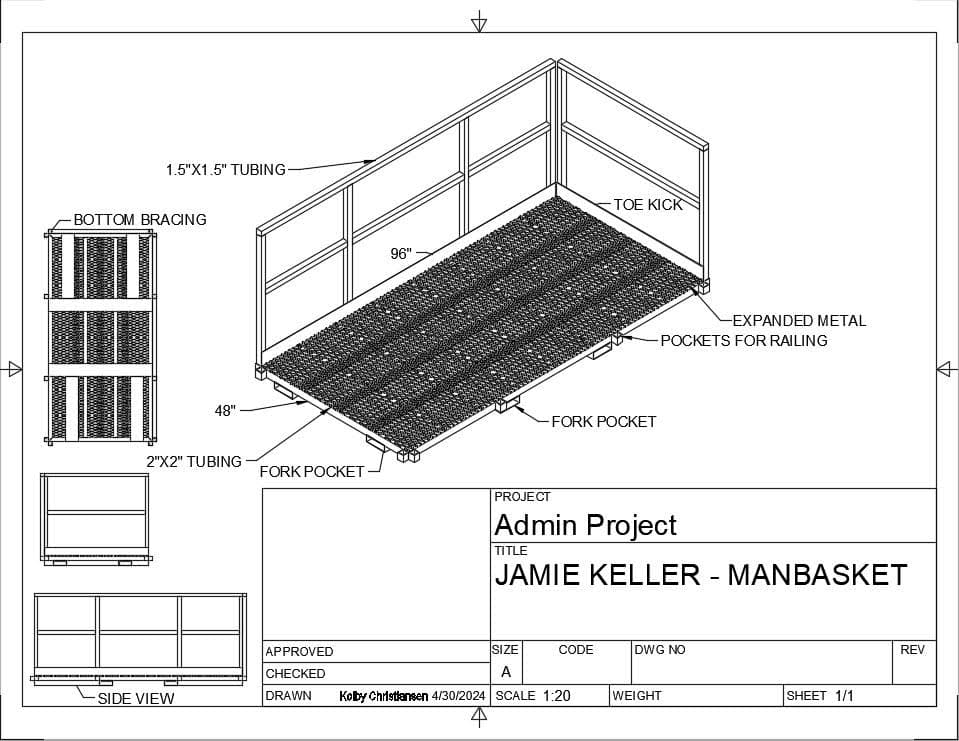 Engineering drawing of a manbasket design with dimensions and specifications listed.
