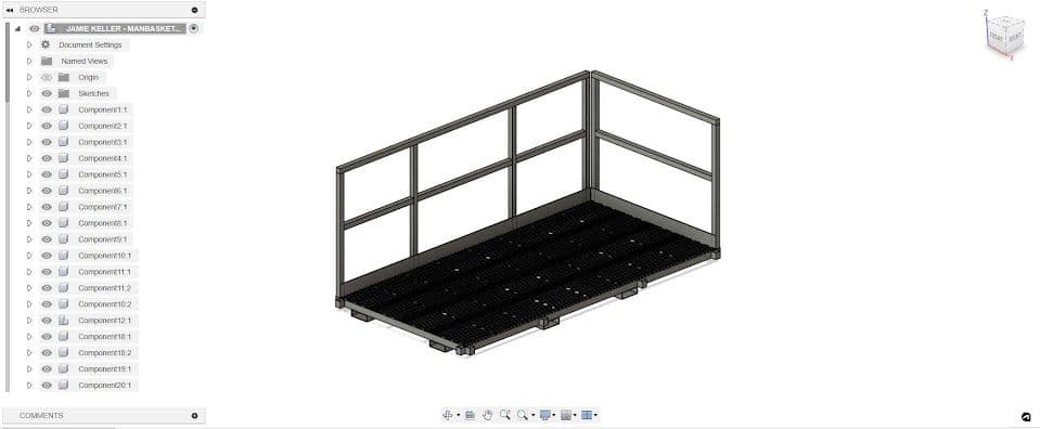 3D model of a steel loading platform with railings, designed for industrial use.